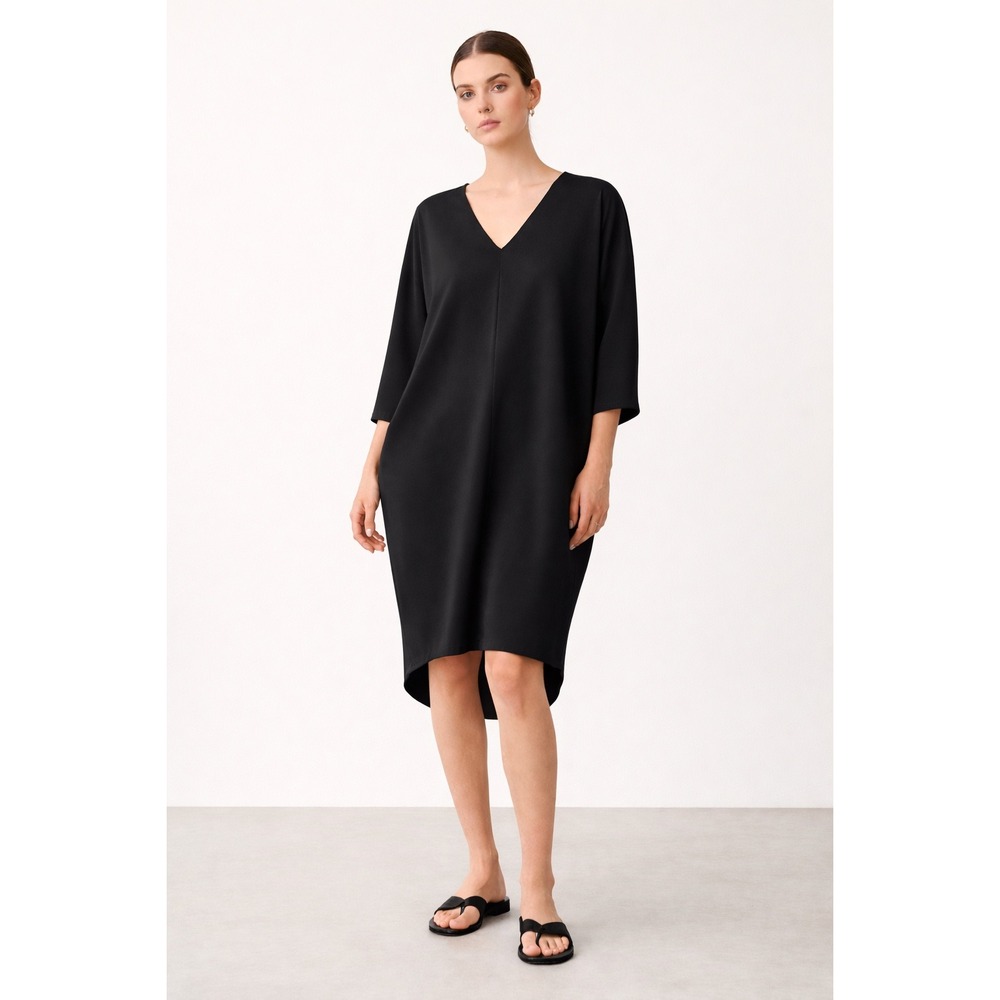 COS Black Cotton V-Neck Cocoon Midi Dress Lagenlook Minimalist Small